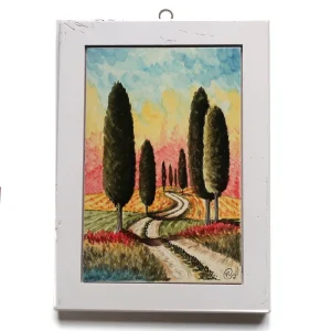 Paesaggio toscano quadro ceramica dipinto a mano con cornice in legno bianco, tuscany landscape handpainted in ceramic wooden frame
