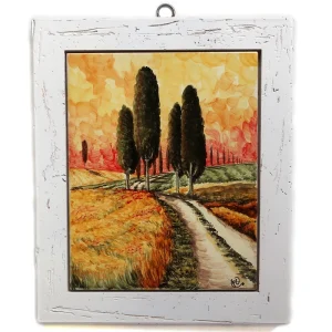 Paesaggio toscano quadro ceramica dipinto a mano con cornice legno, tuscany landscape handpainted in ceramic with wooden frame