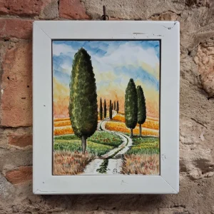 Paesaggio toscano quadro in ceramica dipinto a mano con cornice in legno bianco, tuscany landscape handpainted in ceramic with white wooden frame