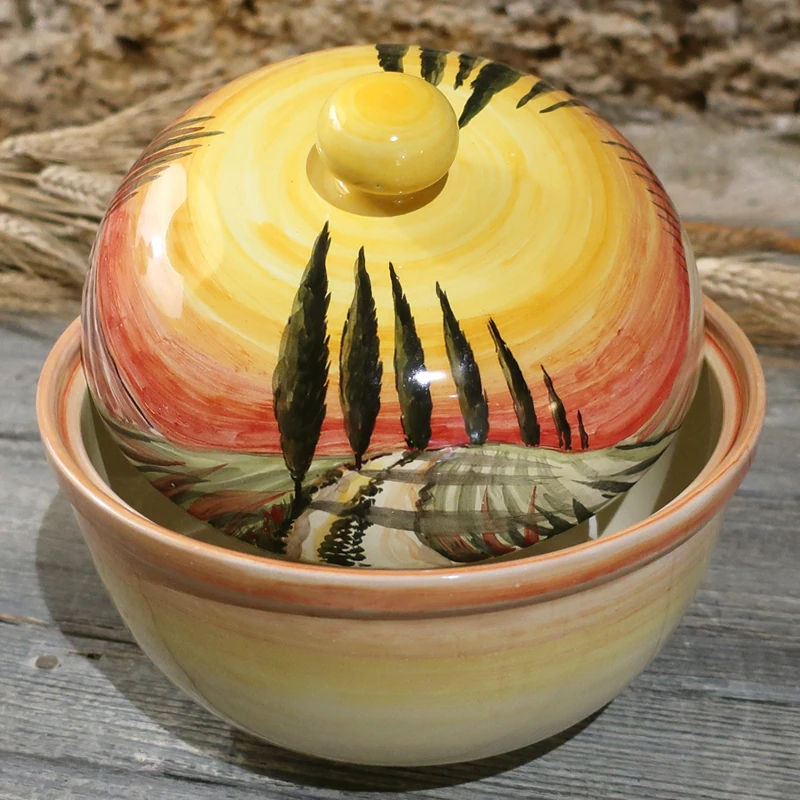 biscottiera ceramica con paesaggio toscano dipinto a mano, box for cookies tuscany landscape handpainted in ceramic