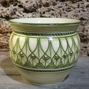 cachepot verde in ceramica dipinto a mano in toscana, hand painted green pot cover in pottery