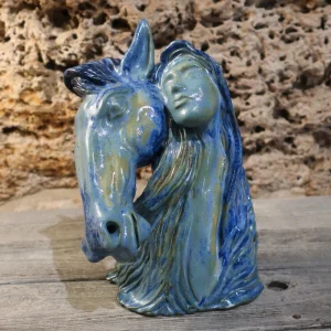 cavallo con donna scultura arte ceramica toscana, horse with woman sculpture in ceramic made in tuscany