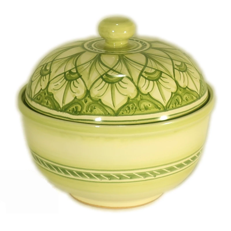 centrotavola porta cioccolatini in ceramica verde artigianato toscana, handpainted green cookie jar in ceramic handcrafted in tuscany
