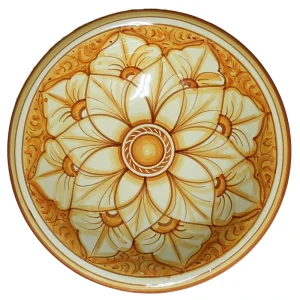 fruttiera con piede in ceramica terra di siena, fruit bowl with foot in pottery in burnt sienna color