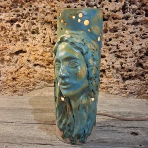 lampada blu viso donna ceramiche artistiche toscana, blue woman table lamp artistic ceramic of tuscany