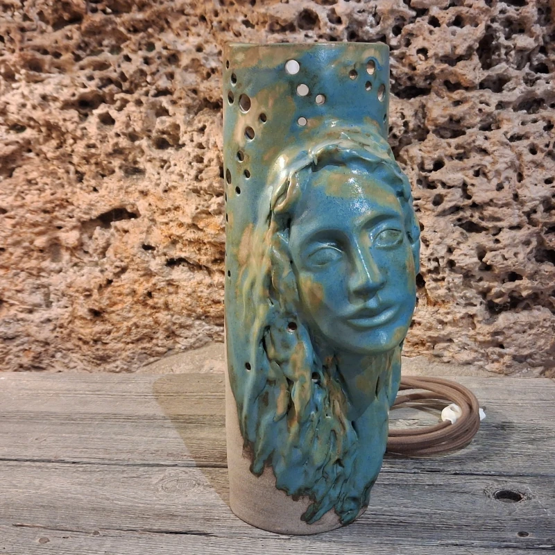 lampada blu viso donna in gres, blue table lamp woman in stoneware