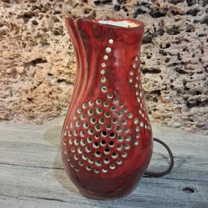 lampada rossa arte ceramica toscana, red artistic table lamp in ceramic handmade in tuscany