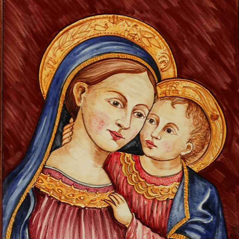 madonna del buon consiglio dipinta a mano su ceramica con cornice in legno, handmade in tuscan madonna ceramic and wood
