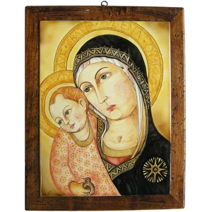 madonna del pilastro con cornice, madonna in pottery on wood