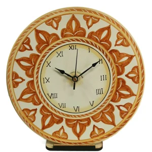 orologio in ceramica rotondo da parete dipinto a mano colori terra di siena, handpainted clock in ceramic made in tuscany