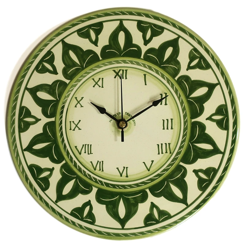 orologio verde in ceramica rotondo da parete dipinto a mano, handpainted green clock in ceramic made in tuscany