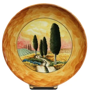 piatto ceramica dipinto a mano con paesaggio Toscana, ceramic plate handpainted with tuscany cypresses