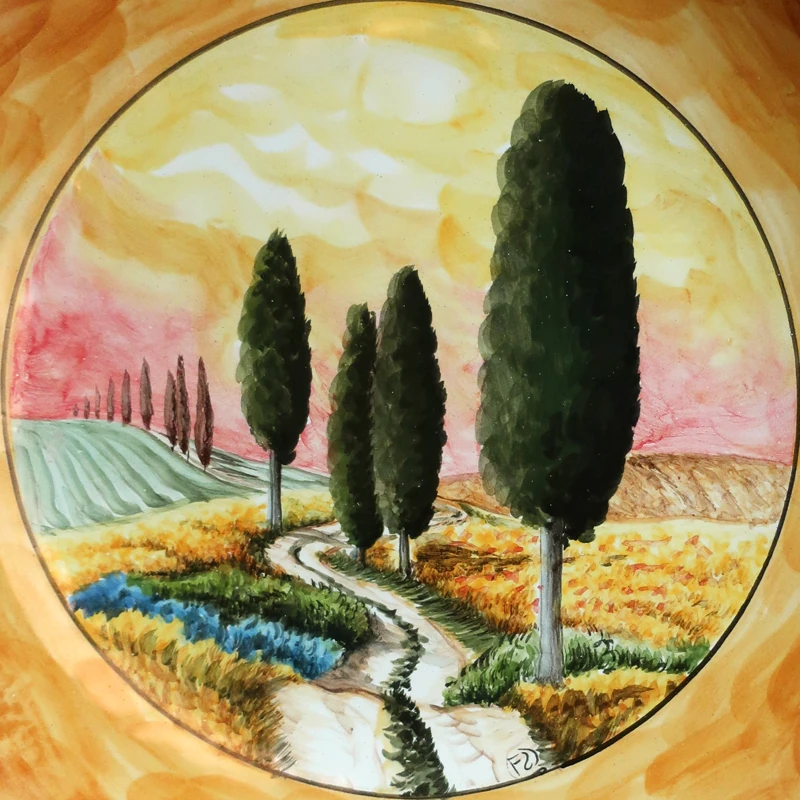 piatto da parete artigianato toscana ceramica artistica, wall plate in ceramic with handpainted tuscany landscape