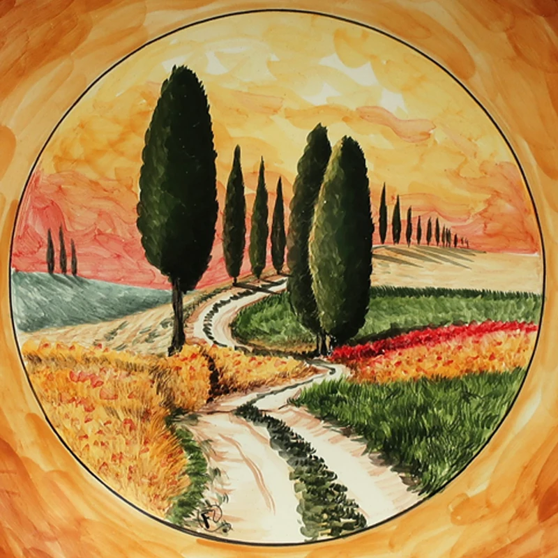 piatto da parete ceramica con paesaggio toscana terra di siena, wall plate in ceramic with handpainted tuscany landscape