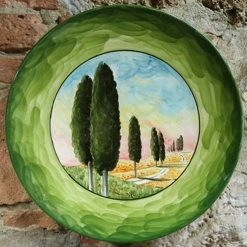 piatto da parete ceramica toscana artigianato artistico, wall plate in ceramic with handpainted tuscany landscape