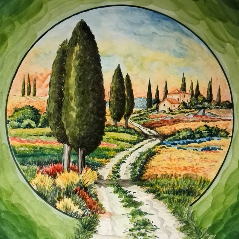 piatto da parete cipressi con strada ceramica toscana artigianato artistico, tuscany landscape wall plate handpainted in ceramic