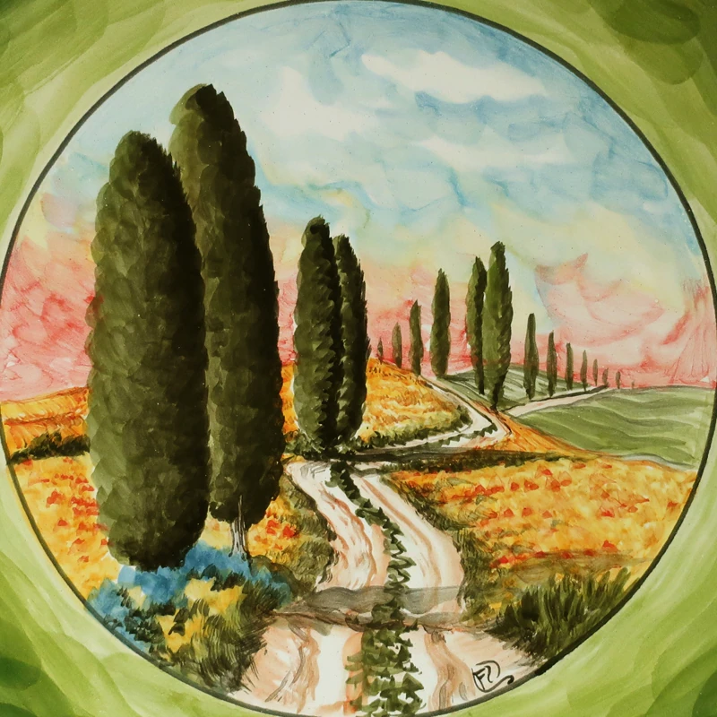 piatto da parete con cipressi ceramica toscana artigianato artistico, tuscany wall plate in ceramic with handpainted landscape
