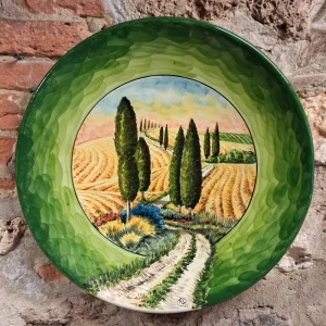 piatto da parete in ceramica con campagna toscana strada e cipressi artigianato artistico, tuscany wall plate handpainted in ceramic