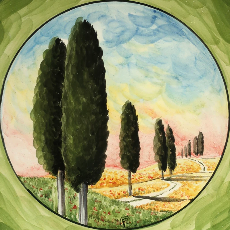 piatto da parete in ceramica con paesaggio e cipressi dipinto a mano in toscana, ceramic wall plate with handpainted tuscany landscape