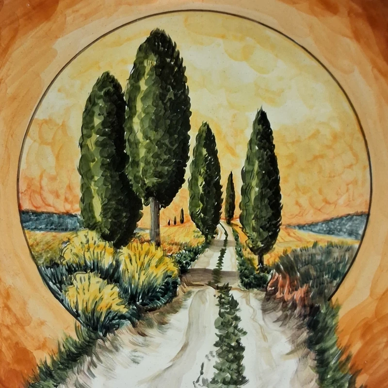 piatto da parete in ceramica con paesaggio e cipressi toscana dipinto a mano, wall plate in ceramic with handpainted tuscany landscape