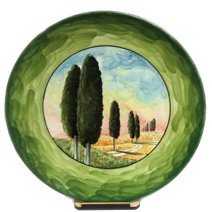 piatto da parete ornamentale in ceramica con paesaggio e cipressi toscana, ceramic wall plate with handpainted tuscany landscape
