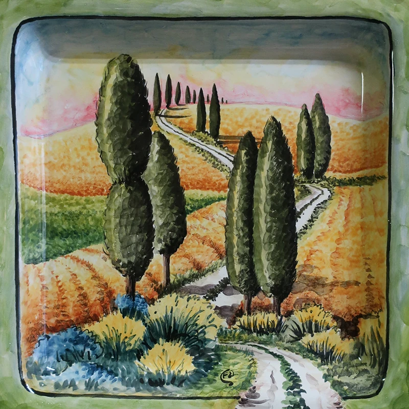 piatto da parete quadrato in ceramica dipinto a mano con paesaggio di Toscana, green ceramic plate handmade in tuscany