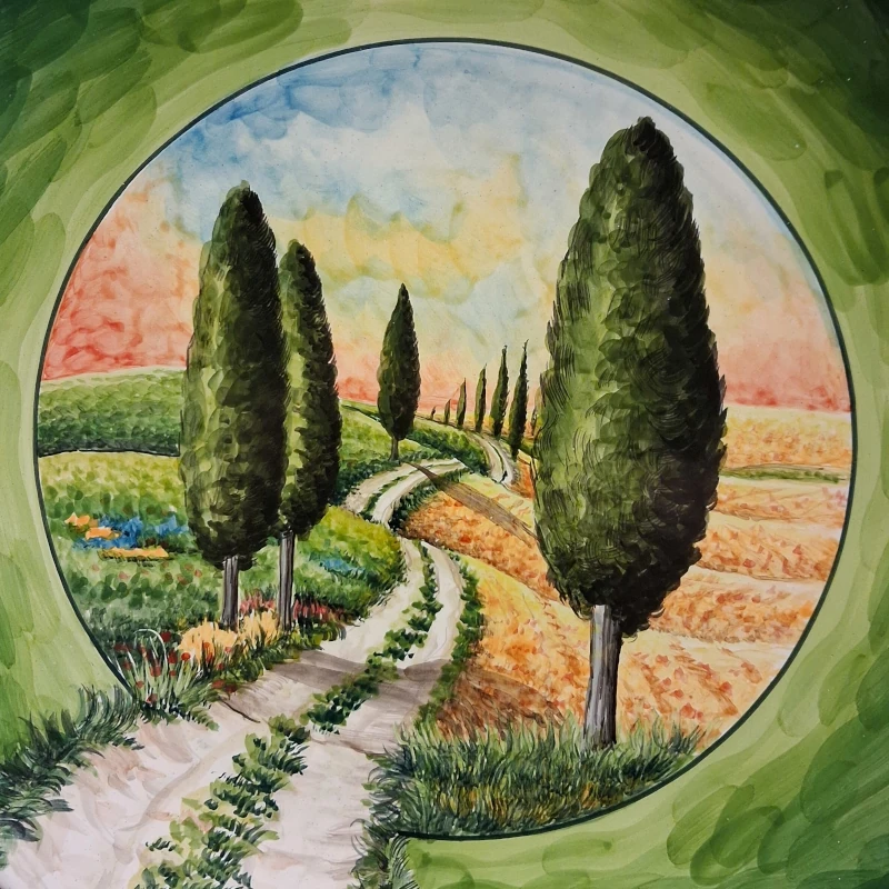 piatto da parete verde dipinto a mano con cipressi ceramica artistica toscana, green ceramic plate hand made in tuscany