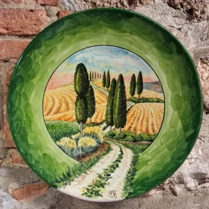 piatto da parete verde dipinto a mano con cipressi ceramica artistica toscana, green ceramic plate tuscany