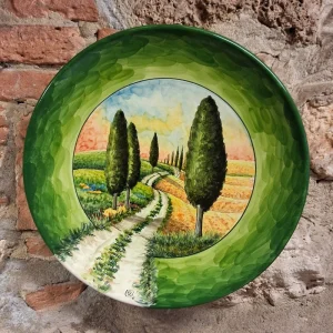 piatto da parete verde dipinto a mano con cipressi e strada ceramica artistica toscana, green ceramic plate made in tuscany