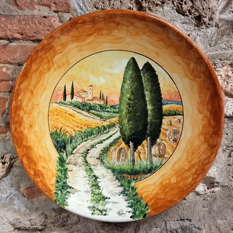 piatto in ceramica dipinto a mano con paesaggio arte ceramica Toscana, ceramic plate orange color with handpainted tuscany landscape