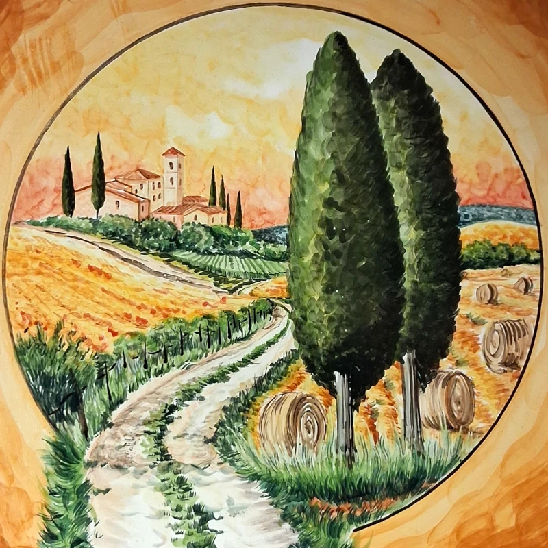 piatto in ceramica dipinto a mano terra di siena con paesaggio Toscana, ceramic plate orange color with handpainted tuscany cypresses