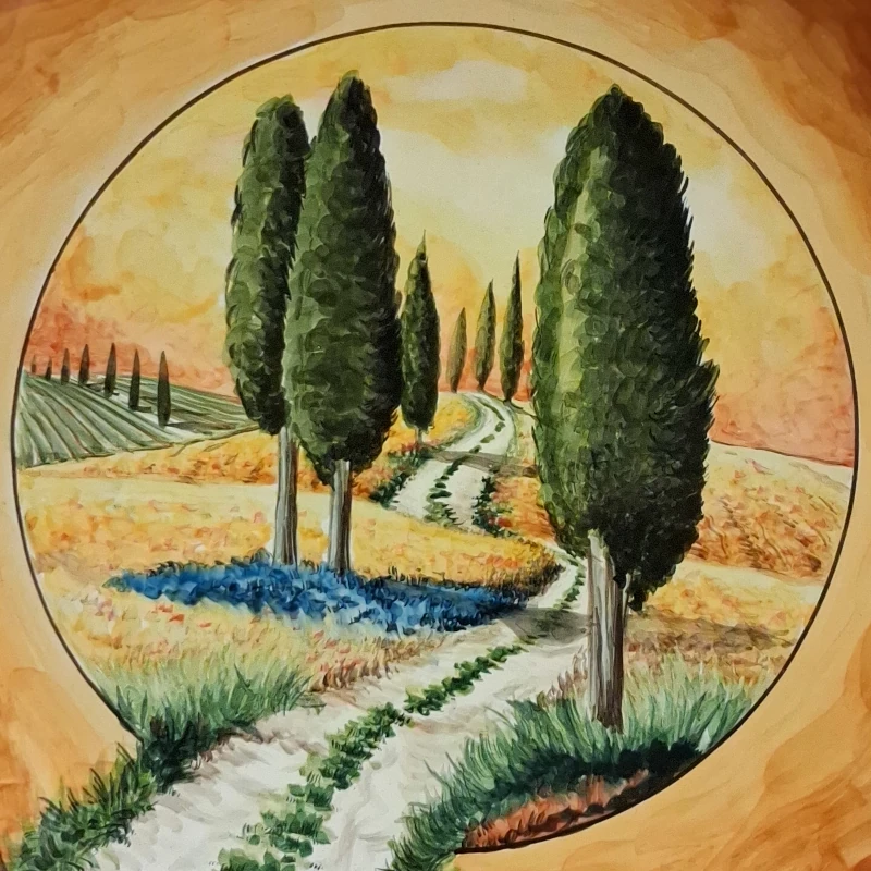 piatto in ceramica dipinto a mano terra di siena con paesaggio Toscana, ceramic plate orange color with handpainted tuscany landscape