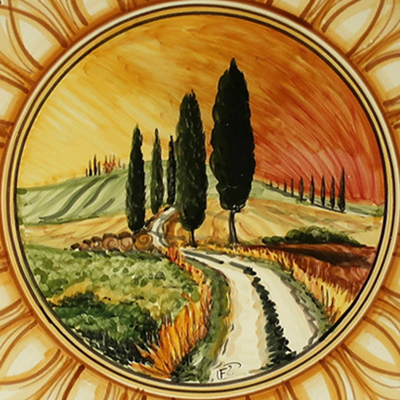 piatto in ceramica dipinto a mano terra di siena con paesaggio, ceramic plate burnt sienna color with handpainted landscape