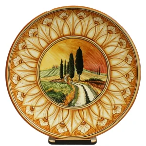piatto in ceramica terra di siena con paesaggio, ceramic plate burnt sienna color with landscape