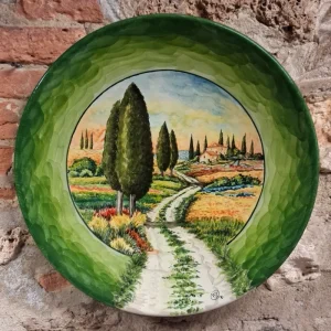 piatto quadro da parete con paesaggio dipinto a mano ceramica artistica toscana, handpainting ceramic plate tuscany art