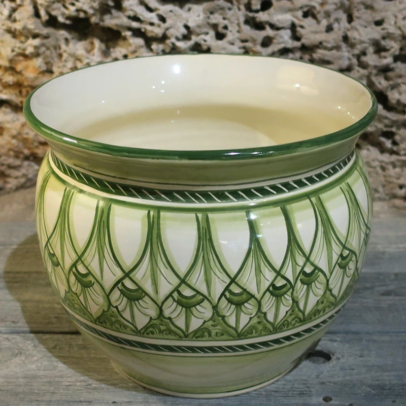 porta vaso ceramica verde cachepot dipinto a mano in toscana, hand painted green pot cover in ceramic made in tuscany