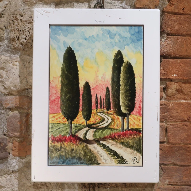 quadro ceramica Toscana dipinto a mano con cornice in legno bianco, tuscany landscape handpainted in ceramic with wooden frame