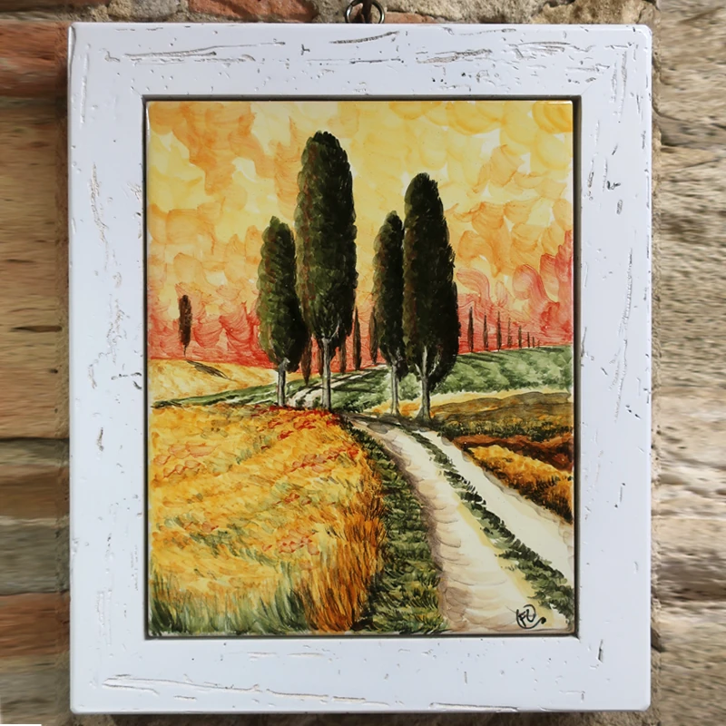 quadro ceramica paesaggio toscana dipinto a mano cornice in legno, tuscany landscape handpainted in ceramic with wooden frame