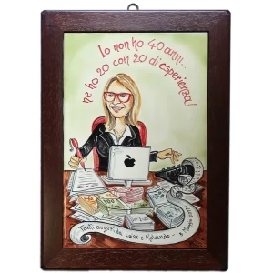 quadro in ceramica con cornice legno caricatura per compleanno 40 anni, ceramic painting with wooden frame custom gift caricature birthday 40 years