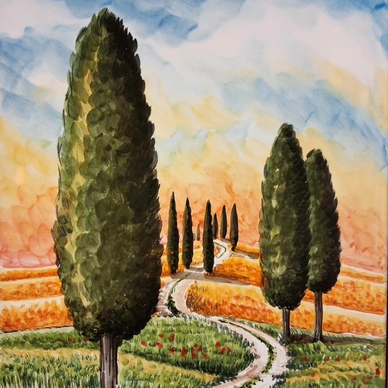 quadro in ceramica dipinto a mano paesaggio Toscana con cornice in legno, tuscany landscape handpainted in ceramic with white wooden frame