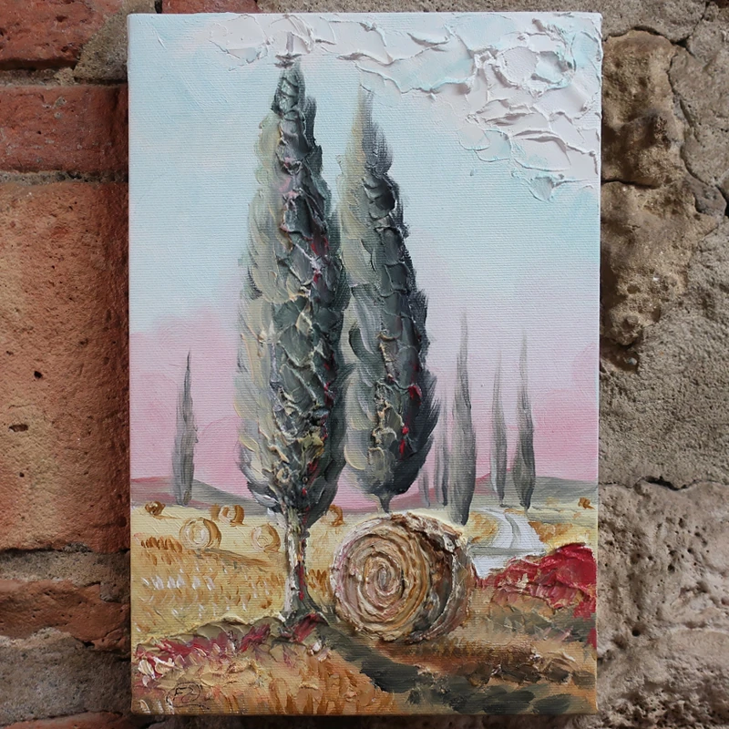 quadro olio su tela cipressi toscana, oil painting on canvas tuscany cypresses