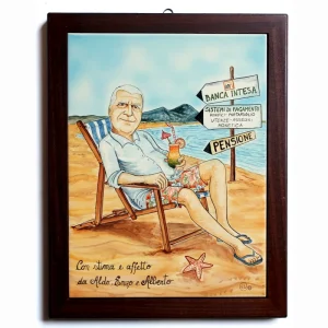 regalo pensionamento personalizzato quadro in spiaggia in pensione, personalized painting gift retirement comics caricature