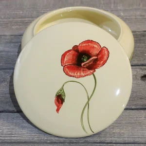 scatola artigianato ceramica toscana con papavero dipinto a mano, handpainted box in ceramic with red poppy