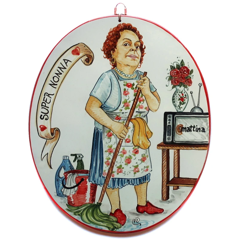 targa ceramica caricatura personalizzata dipinta a mano super nonna, hand painted ceramic tile caricature in comics style for grandmother