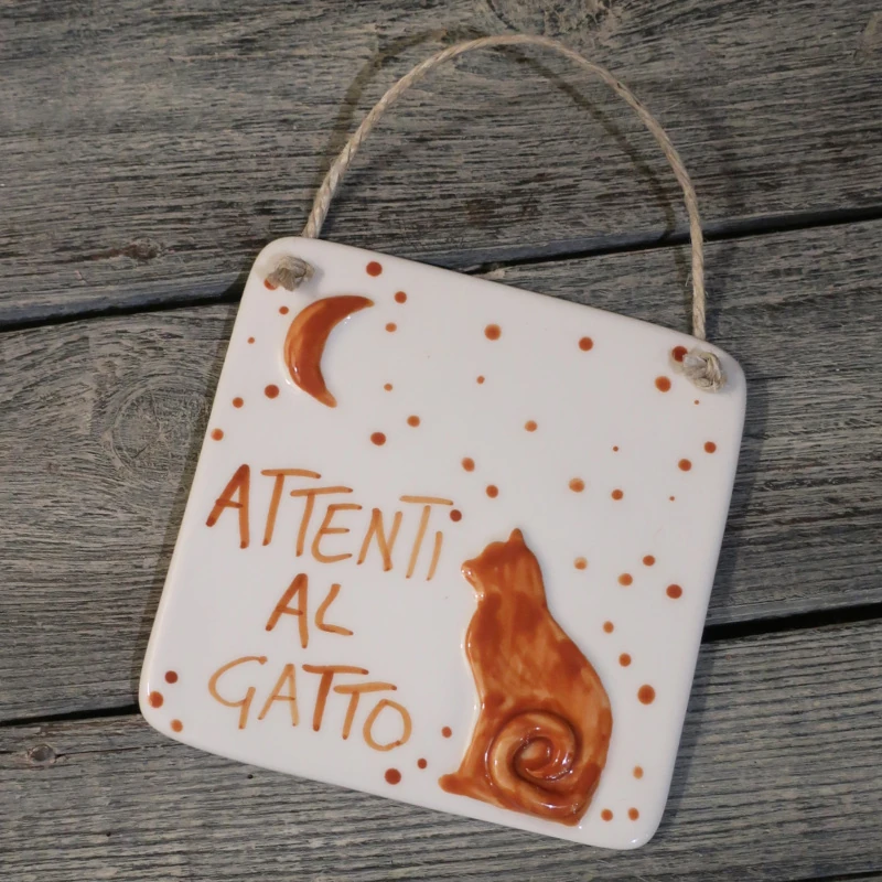 targhetta simpatica in ceramica con gatto e luna, ceramic tile with cat and moon
