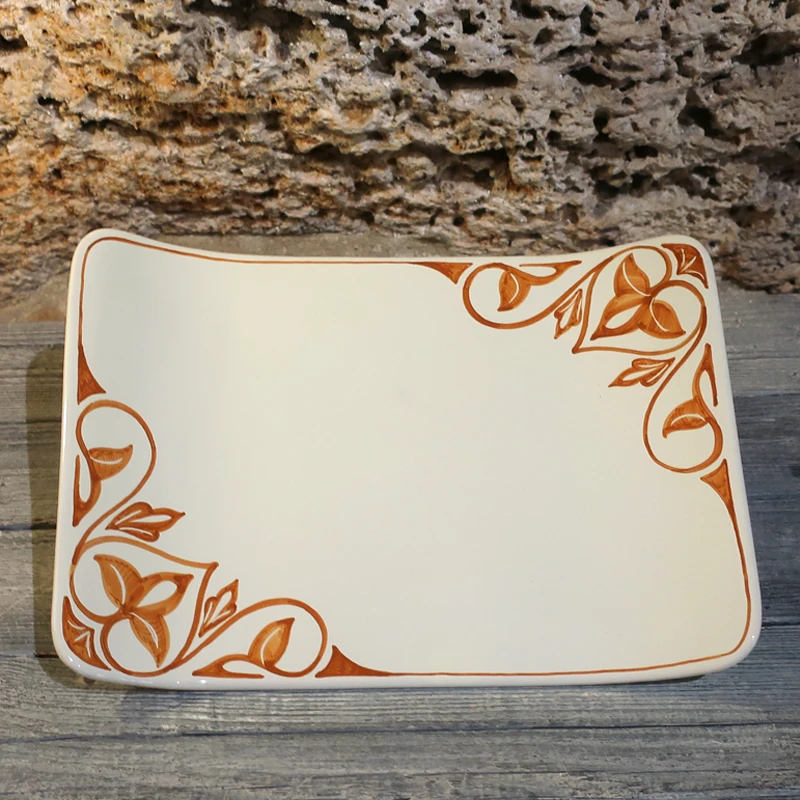 vassoio rettangolare in ceramica dipinto a mano terra di siena, burnt sienna squared plate in pottery